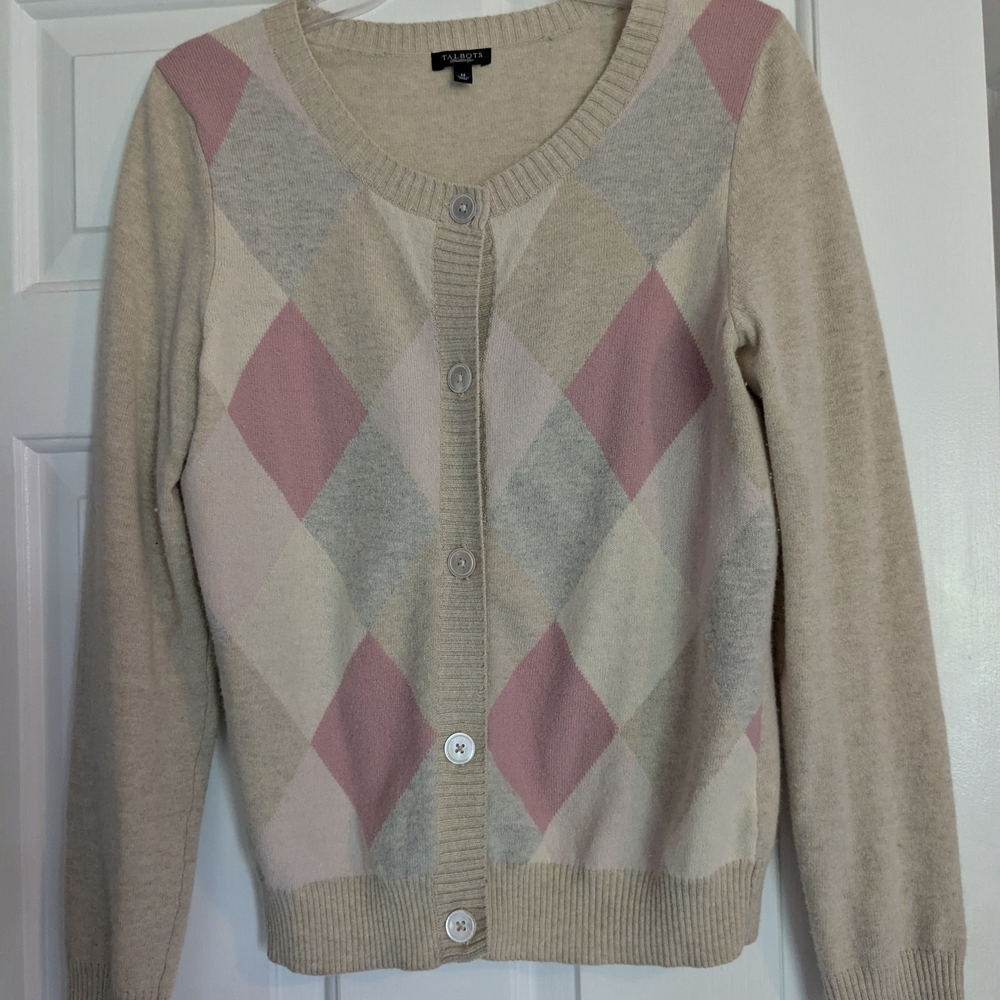 Talbots Cream, Pink And Light Blue Argyle Cardigan